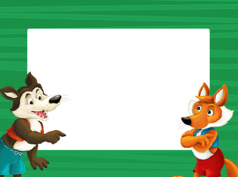cartoon green frame with happy fox and wolf for different usage space for text