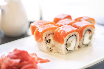 Sushi, a portion of Philadelphia sushi,philadelphia sushi tumblr,philadelphia roll. Ginger. Japanese kitchen,Japanese cuisine,Japanese food. Japanese restaurant