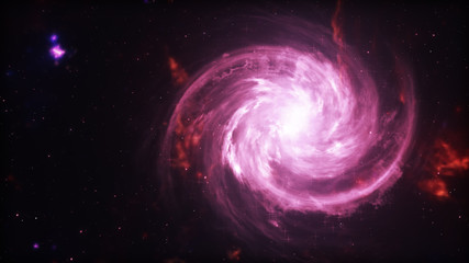 Bright galaxy. Abstract stars on black background. Fantasy fractal texture in red, pink and light purple colors. Digital art. 3d illustration