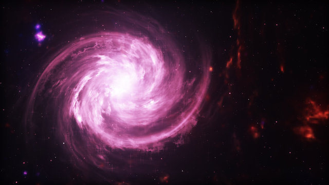 Bright galaxy. Abstract stars on black background. Fantasy fractal texture in red, pink and light purple colors. Digital art. 3d illustration