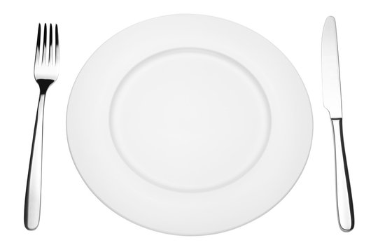 Empty plate, fork, knife, clipping path,
white background, isolated, top view from first person
