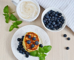 Cottage cheese pancakes with blueberry, breakfast or lunch