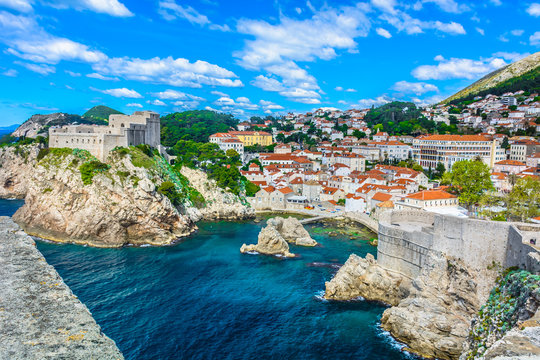 Dubrovnik coastal town. / Aerial cityscape of town Dubrovnik in Croatia, european travel resort.