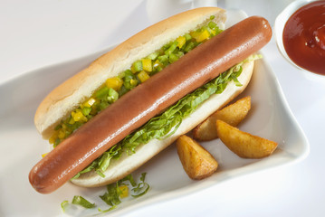 Chicken Jumbo Hotdog sandwich with fries & Ketchup on white plate 