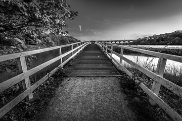 Fototapeta na wymiar Dutton Horse Bridge in Black and white bridge over river weaver in Northwich Cheshire