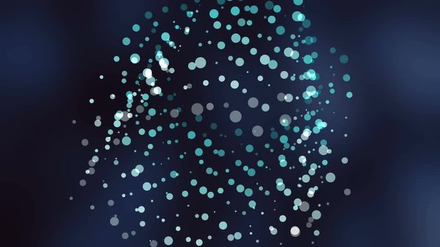 3D shape of particles moving and rotating. Science motion graphics with dark background.