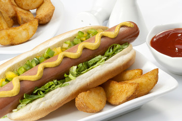 Chicken Jumbo Hotdog sandwich with fries & Ketchup on white plate 