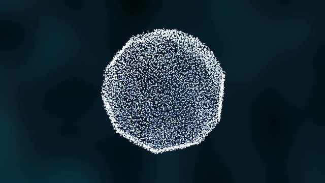 3D orb shape of particles moving and rotating. Science motion graphics with dark background.