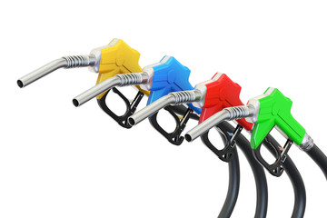 set of colored fuel pump nozzles, 3D rendering