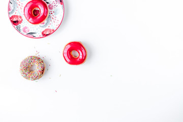 food design with donat set on white table background top view mockup