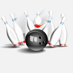 Bowling ball crashing into the pins. On a white background.
