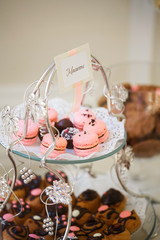 Candy bar. Banquet table full of desserts and an assortment of sweets. pie and cake. wedding or event