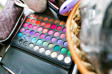 Closeup of a professional makeup kit, different colors