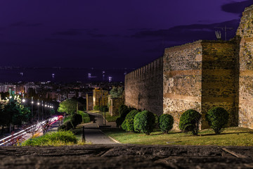 Walls of Thessaloniki, with panoramic view of the city, at dusk time