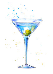 Glass of a Martini with olive.Picture of a alcoholic drink.Watercolor hand drawn illustration.