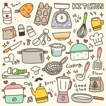 Set of Cute Kitchen Spices and Utensils Doodle