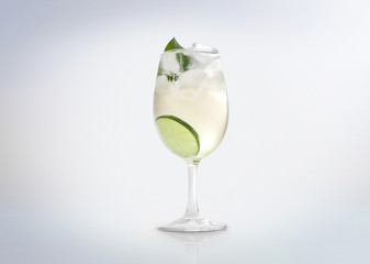 Glass of a cold cocktail drink with white wine / vermouth, slice of lemon / lime and a mint leaf. Isolated on white background. 