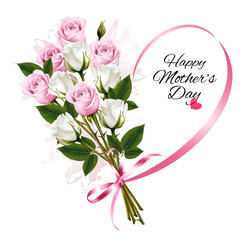 Happy Mother's Day note with colorful roses and ribbon. Vector background.