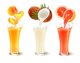Set of fruit juice splash in a glass. Peach, coconut and grapefruit. Vector