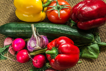 свежие овощи, паприка, огурец, помидор, редис, чеснок