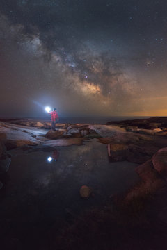 Man Exploring Tide Pools Under The Milky Way Galaxy 