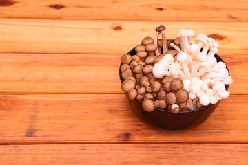 Fototapeta na wymiar Two color of Shimeji mushrooms in black bowl on wood background. 