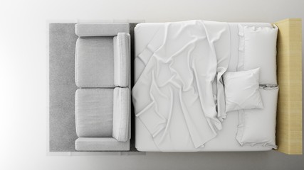 Top plan bedroom space minimal design in apartment - 3D Rendering