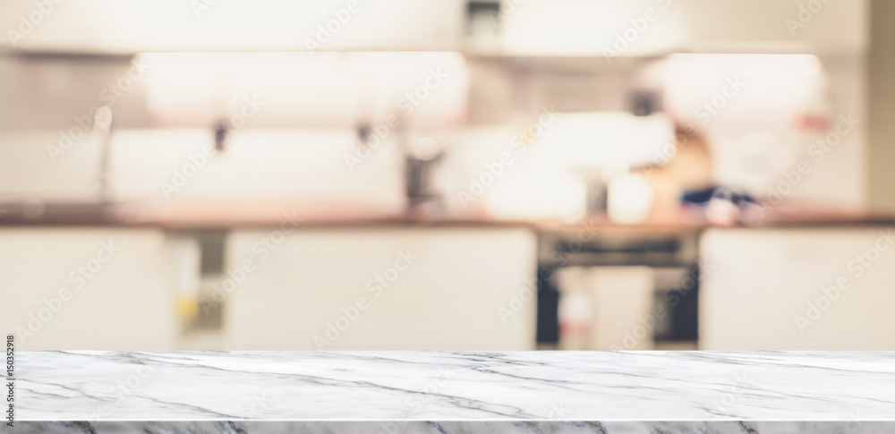 Poster empty white marble table top view with blurred home kitchen,mock up template for display or montage 
