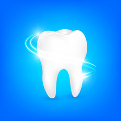 Whitening of human tooth. Deep cleaning, dental care concept. Icon design, Illustration on blue background.