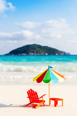 Two chairs and umbrella on tropical beach Similan Islands Thailand. Paper, handmade.