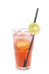 Close up of glass with alcohol cocktail with lime, vodka and syrup.