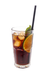 Close up of glass with alcohol cocktail with lime, vodka and cola.