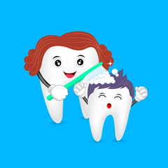 Cute cartoon tooth family. Mom brushing tooth son. Happy mother Day, great for health dental care concept. illustration on green background.