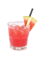 Close up of glass with cocktail with watermelon and lemongrass decoration.