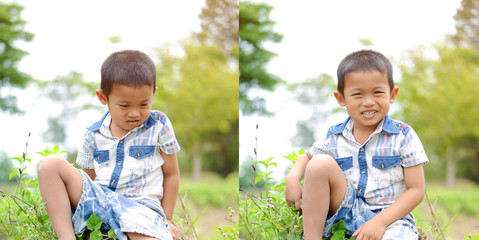 Portrait of young boy in nature, park or outdoors. cute kid outdoor. a child is smiling enjoying adopted life.