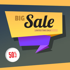 Big sale and special offer origami paper banner. Great bright background for your offers, promotional posters, advertising shopping flyers and discount banners. speech bubble