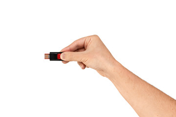 Flash drive on hand with isolated white background
