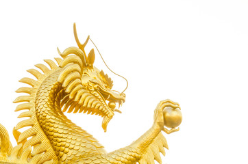 Gold dragon scrulpture on white background (dragon, chinese)