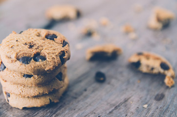  Chocolate chip cookies on old wooden table