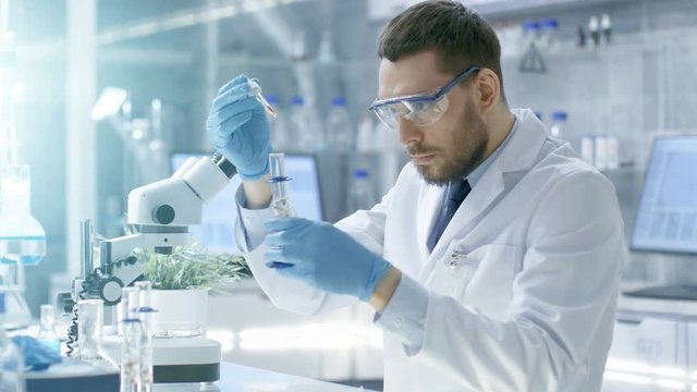 In a Modern Laboratory Scientist Conducts Experiments by Synthesising Compounds with use of Dropper and Plant in a Test Tube. Shot on RED EPIC-W 8K Helium Cinema Camera.