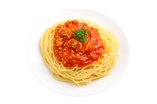 spaghetti with tomato sauce isolated on white background