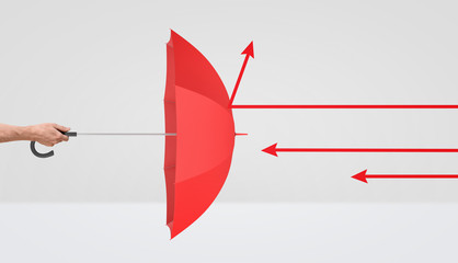 A male hand holding an open red umbrella while red arrows strike on it. © gearstd