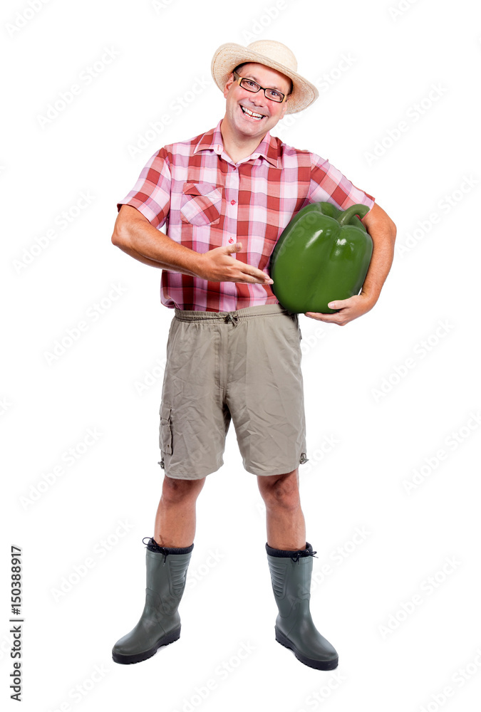 Wall mural Gardener offers large green paprika isolated on white background. Cheerful farmer shows harvest vegetable. Funny man carries a big fresh pepper.Genetically modified food.