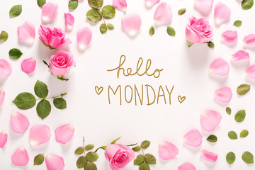 Hello Monday message with roses and leaves