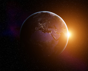 Fototapeta na wymiar Planet Earth with rising Sun, view from space. Elements of this image furnished by NASA