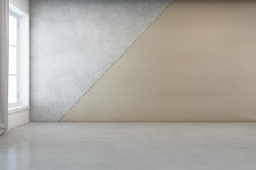 Empty room with white concrete floor and wooden wall background in modern house - 3D rendering