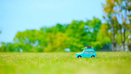 自動車の模型と自然の緑