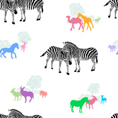 Zebra couple with colorful silhouette animals. Wild life animals. Seamless pattern. Vector illustration isolated on white background.
