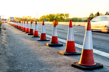 Evening view UK Motorway Services Roadworks Cones