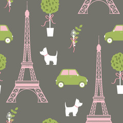Paris. Eiffel tower, dog, car, tree. Vector pattern.